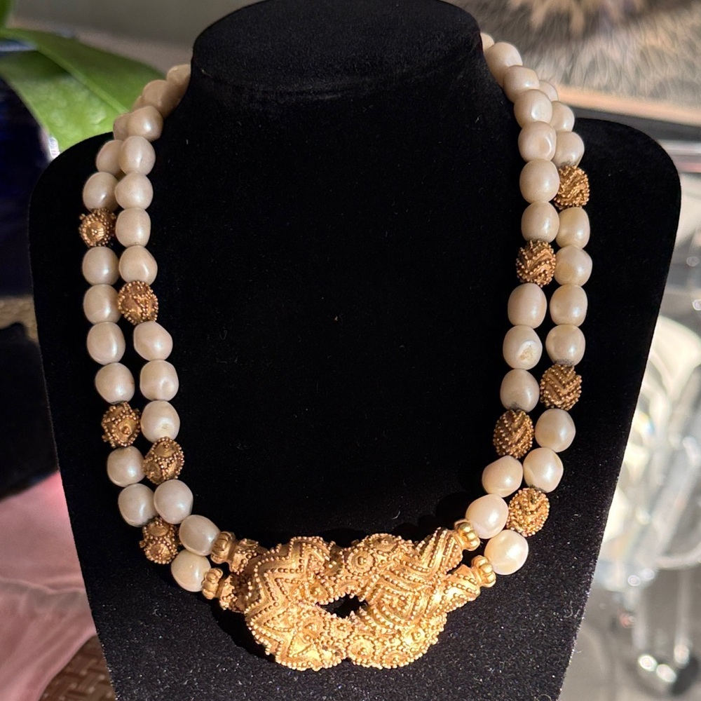 Cream Beaded Necklace with Gold Filigree Accent - Elegant Women's Necklace